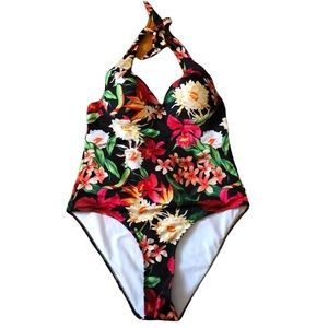 Super cute SHEIN one piece bathing suit large floral design halter tie